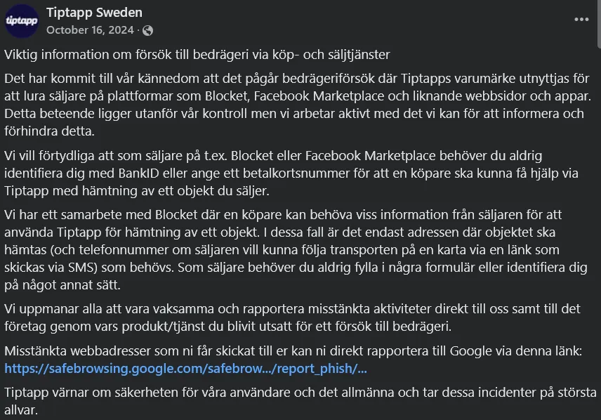 Tiptapp varnar själva mot bedrägerier som sker i deras namn