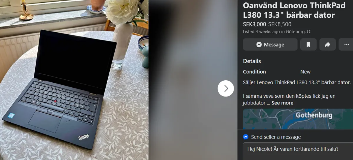 En Lenovo Thinkpad till salu på Facebook Marketplace
