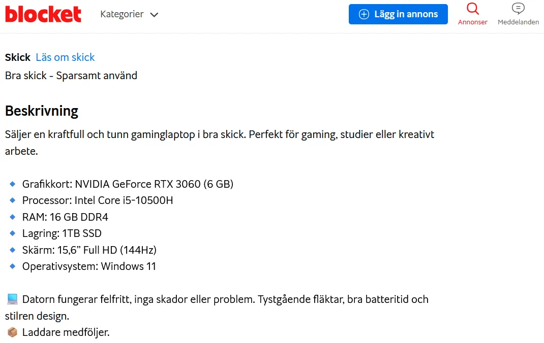 En bra beskrivning på Blocket