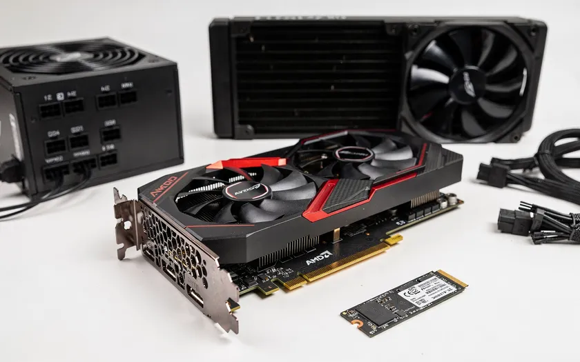 AMD RX 9070 XT grafikkort med medföljande komponenter som SSD och kylare