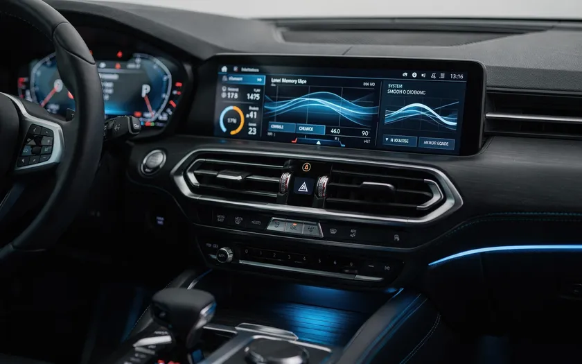 Bilens instrumentpanel med flera skärmar som visar dataströmmar och minnesanvändning