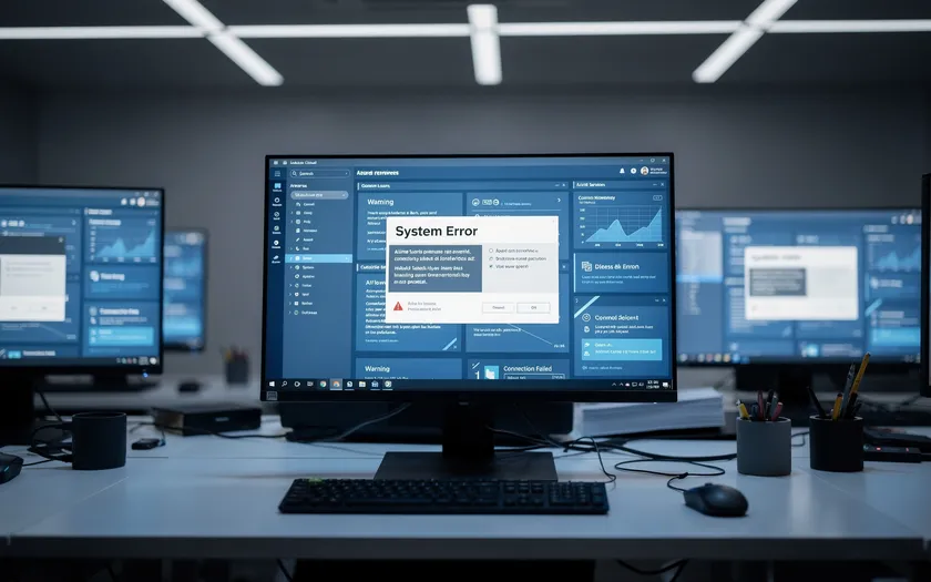 Datorskärmar visar systemfel och varningsmeddelanden i modern kontorsmiljö