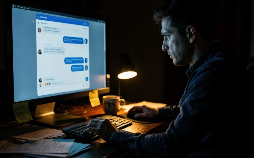 Person med frustrerat uttryck framför datorskärm med AI-chatbot