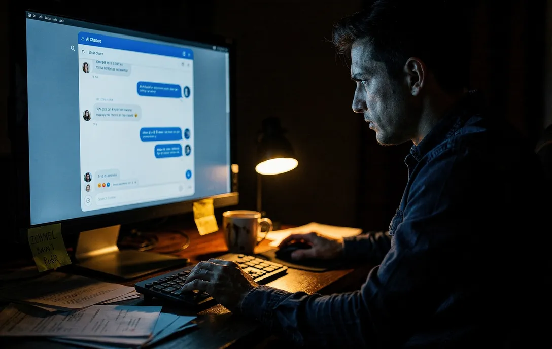 Person med frustrerat uttryck framför datorskärm med AI-chatbot