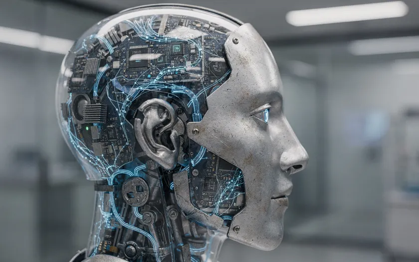 Humanoid robot med transparent huvud som visar interna AI-komponenter och lysande kretsar