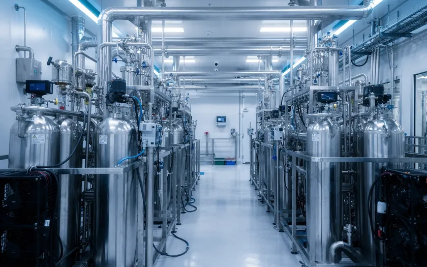 Industriell halvledarfabrik med specialcontainrar och kylsystem