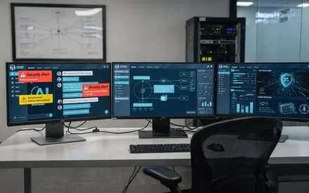 Kontorsmiljö med dataskärmar som visar AI-agent-gränssnitt och säkerhetsvarningar