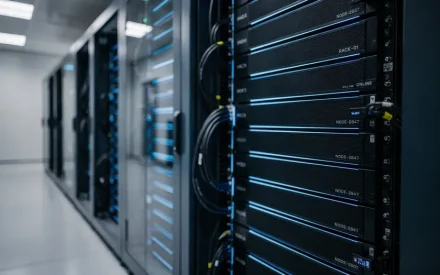 Moderna servrar i datacenter med ARM-processorer och blå LED-indikatorer