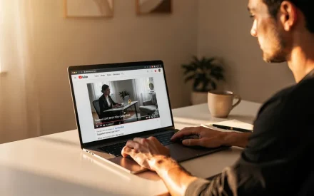 Person tittar på YouTube Premium på laptop i hemmakontor