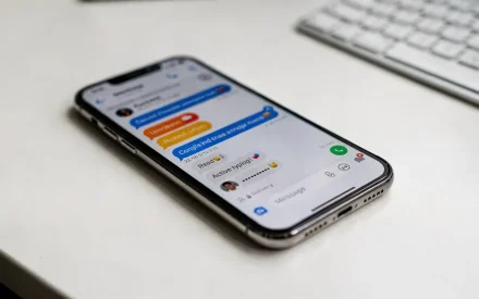 Smartphone med RCS-meddelanden och moderna chattfunktioner på skärmen
