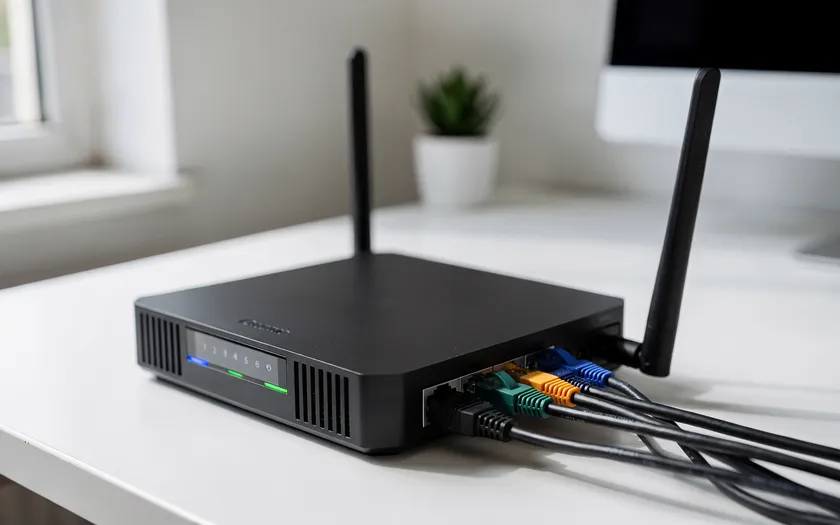 Modern router med blinkande LED-lampor på vitt skrivbord