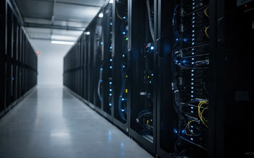 Serverrum med svarta serverställ och blå LED-belysning som visar modern IT-infrastruktur