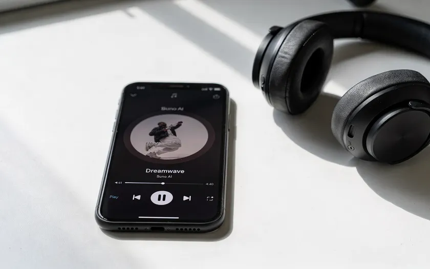 Smartphone med Suno AI-app på skärmen bredvid trådlösa hörlurar