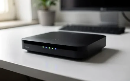 Svart trådlös router med lysande LED-indikatorer på vitt skrivbord