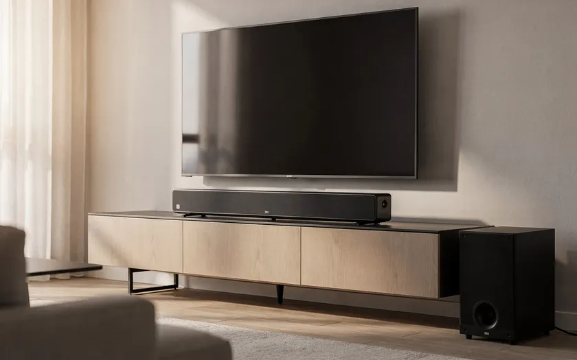 Xiaomi Soundbar Pro 2.1 placerad under tv i vardagsrum med trådlös subwoofer