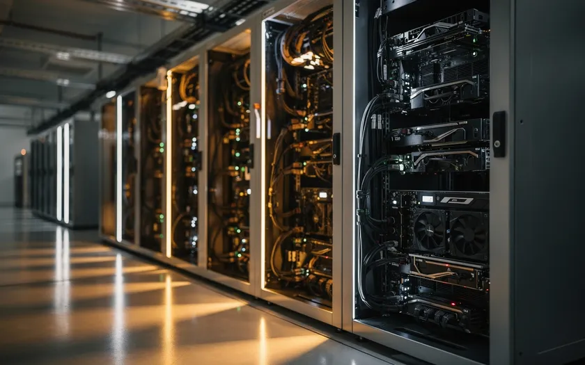 Serverrum med AI-chips och kylsystem i professionell datacenter-miljö