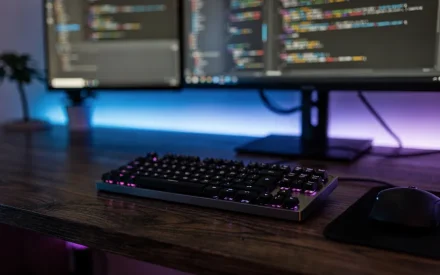 Utvecklingsmiljö med kod på skärmar och tangentbord på skrivbord