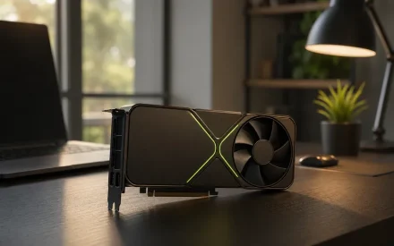 RTX 5070 laptop grafikkort på skrivbord med mjukt dagsljus