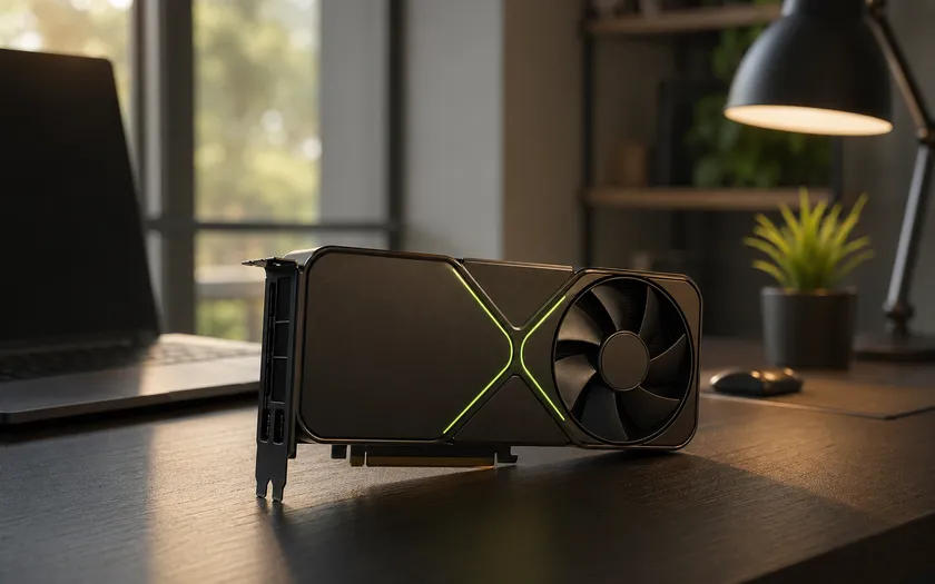 RTX 5070 laptop grafikkort på skrivbord med mjukt dagsljus