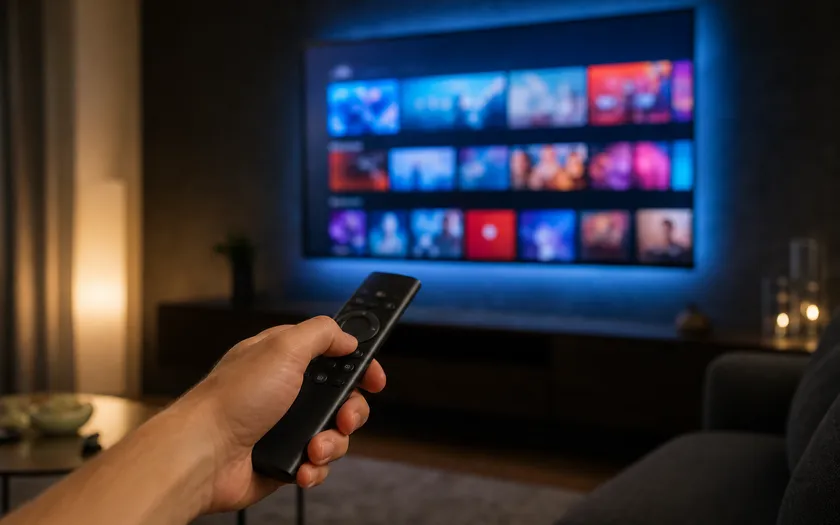 Fjärrkontroll som pekar mot smart TV-skärm i vardagsrum