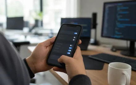 Smartphone med integritetsinställningar i händer på modernt kontor