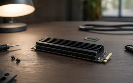Svart NVMe SSD med integrerad aluminiumkylare på skrivbord