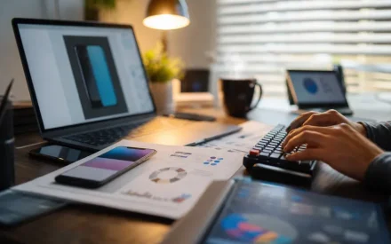 Teknikspecifikationer och marknadsföringsmaterial på skrivbord med laptop och smartphone