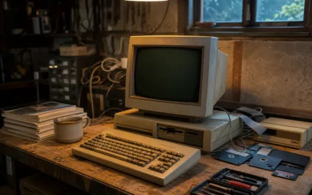 Vintage datoruppsättning på träbänk i källarverkstad