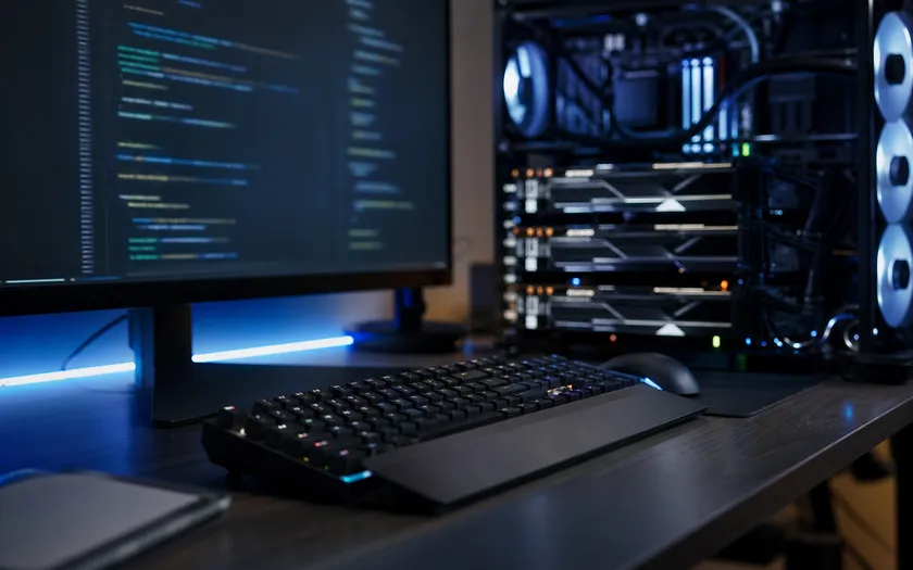 Gaming-setup med monitor och grafikkort i bakgrunden