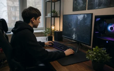 Handhållen gamingdator på ett träskrivbord i fönsterljus