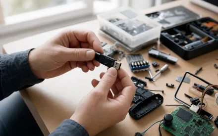 Isärplockat konsolmoderkort på en elektronikbänk med lödkolv och komponenter