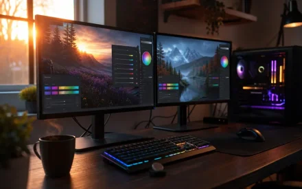 Modern gaming setup med dubbla skärmar som visar grafikinställningar