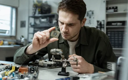 Närbild på ett SSD-chip och M.2-moduler på ett skrivbord i varmt fönsterljus
