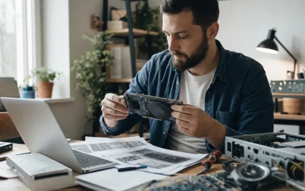 DDR5 SODIMM-minneskort på ett mörkt underlag bredvid ett moderkort