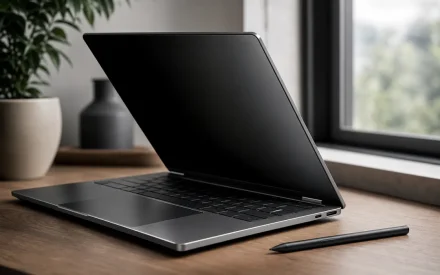 Bärbar dator med tunt chassi och skärm i vinkel, symbol för kommande MacBook Pro-redesign