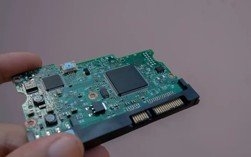 Gammal 2,5-tums SSD-disk kopplad till testutrustning på ett verkstadsbord