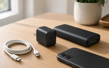 GaN-laddare och powerbank på skrivbord för mobil och laptop