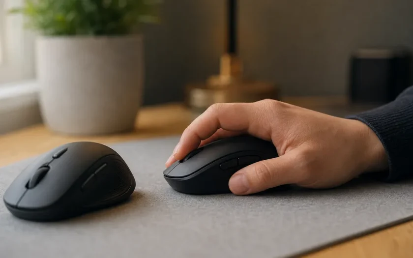 Hand i palmgrepp över en datormus bredvid en mindre mus på skrivbord