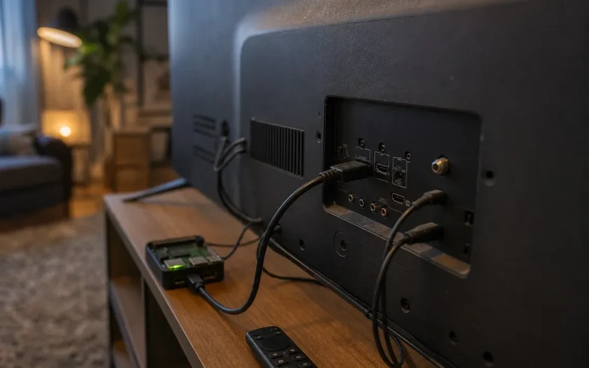 Liten dator kopplad till en smart-tv via HDMI-kabel i ett vardagsrum