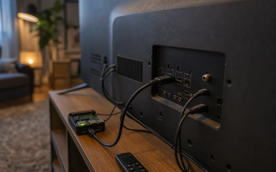 Liten dator kopplad till en smart-tv via HDMI-kabel i ett vardagsrum