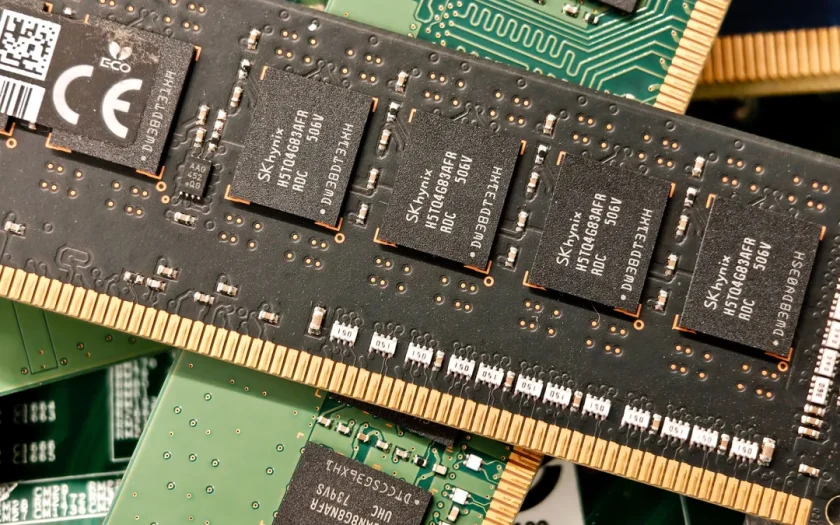 Närbild på DRAM-minneschip på en antistatmatta i ett labb