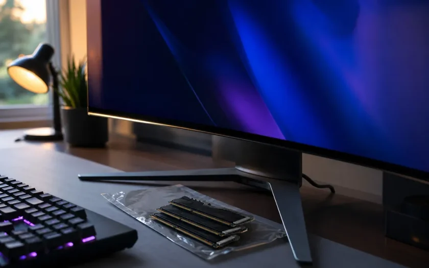 OLED-skärm och RAM-minnesmoduler på skrivbord illustrerar prisskillnaden