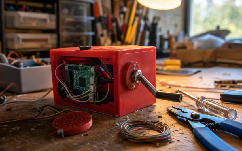 Litet rött hölje med handvev och synlig elektronik på ett verkstadsbord