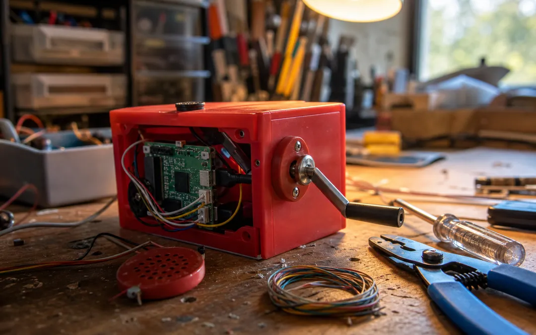 Litet rött hölje med handvev och synlig elektronik på ett verkstadsbord