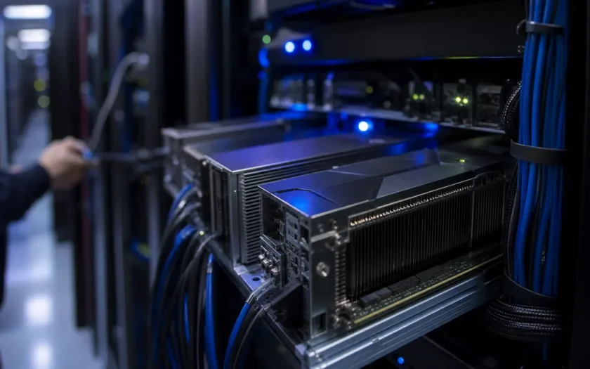 Serverhall med GPU-hårdvara i närbild, kablage i bakgrunden