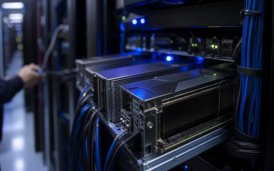 Serverhall med GPU-hårdvara i närbild, kablage i bakgrunden