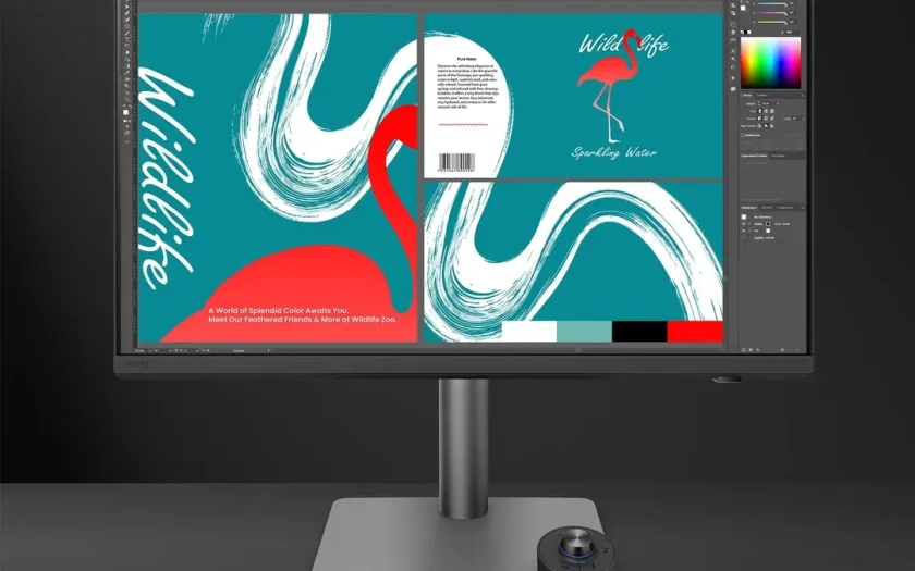 BenQ Creative Pro bildskärm med färgglad abstrakt bakgrund visar blå, rosa, orange och gula färger på skärmen. Skärmen är monterad på en grå metallstöd.