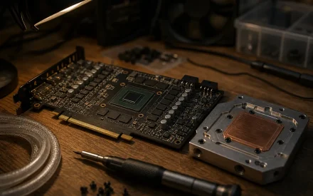 Grafikkort med exponerat GPU-chip och kylblock av koppar bredvid