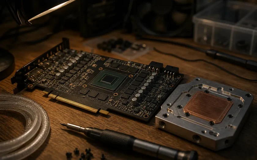 Grafikkort med exponerat GPU-chip och kylblock av koppar bredvid