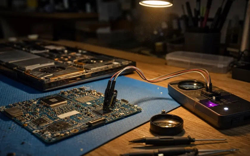Hårdvaruflashare kopplad till chip på en laptops moderkort